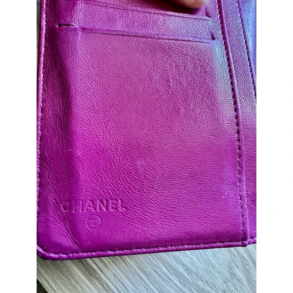 Authentic Chanel Camellia Bifold Long Wallet Lambskin Leather Pink/Red